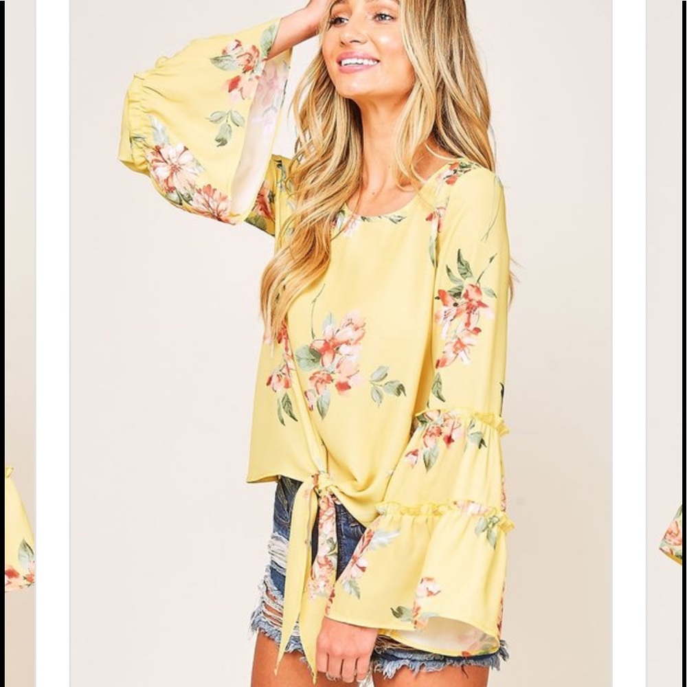 Peach Love California Yellow Floral Tie-Front Top - Picture 2 of 9